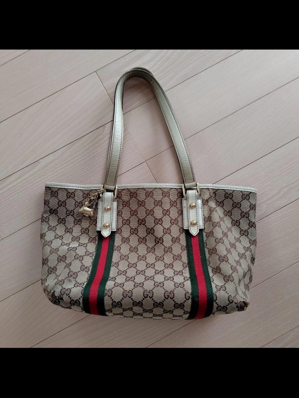 Gucci Beige GG Canvas Tote with Green and Red Web Stripes
